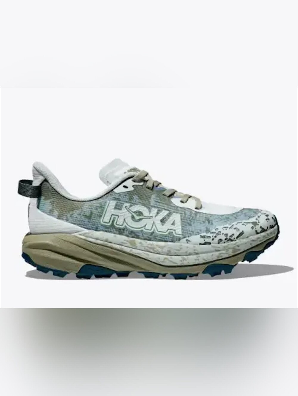 Hoka Trail Running Shoe in Light Gray and Teal Blue